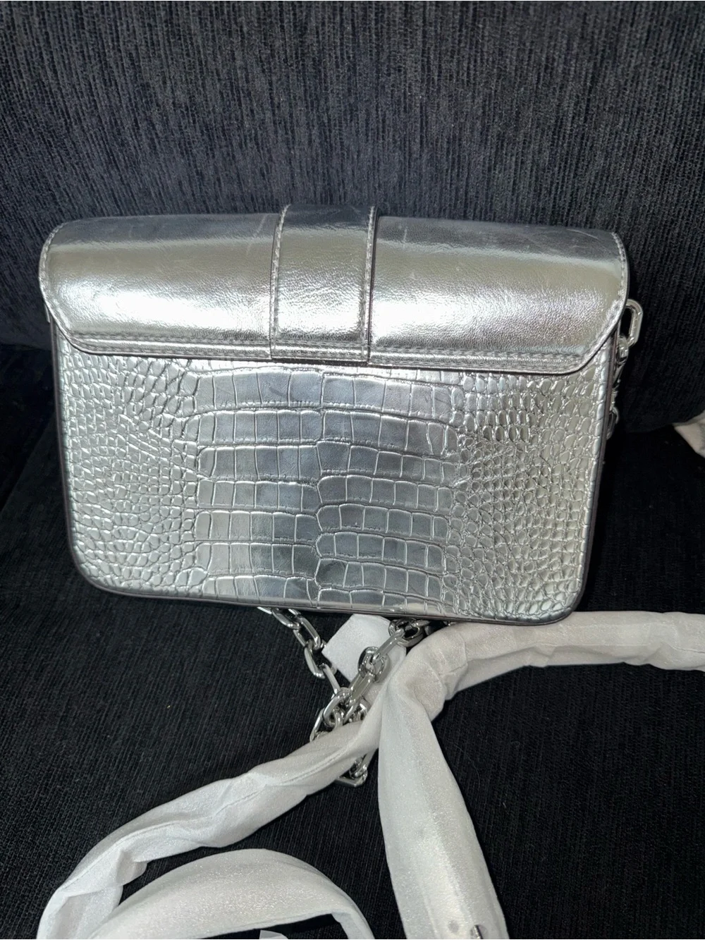 Michael Kors Metallic Silver MK Chain Crossbody Bag